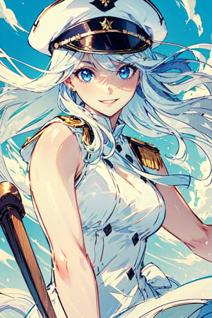 A close-up portrait of a gorgeous female captain stands on the deck of her ship, the wind whipping through her long white hair. She is wearing a white captain's hat, a white dress that hugs her curves, and white high heels. Her eyes are a piercing blue, and she has a confident smile on her face. She is the epitome of style and power.