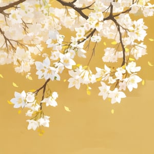 Simple gold background, white tree branches, white branches, close up, little leaves, (((masterpiece))), ((beautiful)), (painting)*