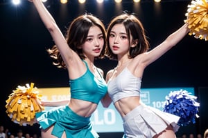 2girls,2_girls , cheergirl, short hair ,blox pleat mini skirt , see-through top, transparent,  scoop neck,background of color blast and stadium, dancing pose, standing on stage, closeup, low angle shot, detailed face, detailed body,hight quality, 16k,pom pom \(cheerleading\)