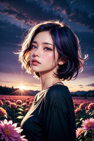 I girl, standing in a flower valley ,windy ,Twilight,( color hair:1.4), Star in sky, the girl gazing the stars,(seeing sky:1.1),purple shade tone sky, realistic, very detailed, High quality background,dreamy like image, flawless beautiful pictures,mood setting aura,( low agle shot:1.2),Detailedface,Detailedeyes