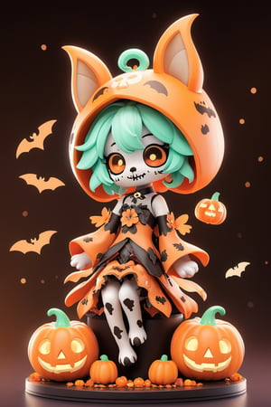 Unveiling Halloween Whimsy: Envision a Playful Dog Furry Resting Amidst Grinning Pumpkins, Enhanced by the Gentle Moonlight and the Flutter of Bats. Immerse in the Spirit of Halloween, Accentuated by Delicate Details such as Flowers and Dead Skull Face Paint. All Set within a Captivating 3D Chibi Realm, Starring the Endearing Yae Miku
