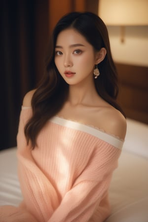 best quality ,masterpiece,ultra high res,(photo realistic:1.4), 1 girl, looking at viewer, Wearing oversized off-shoulder knit over lingerie, korean famous actress, very beautiful,kawaii, Cinematic, 35mm lens, f/ 1. 8, accent lighting, 8k, at luxury hotel