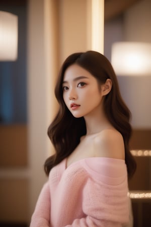 best quality ,masterpiece,ultra high res,(photo realistic:1.4), 1 girl, looking at viewer, Wearing oversized off-shoulder knit over lingerie, korean famous actress, very beautiful,kawaii, Cinematic, 35mm lens, f/ 1. 8, accent lighting, 8k, at luxury hotel