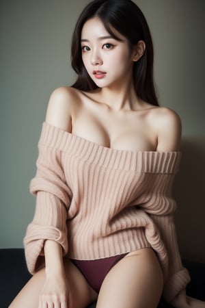 best quality ,masterpiece,ultra high res,(photo realistic:1.4), 1 girl, looking at viewer, Wearing oversized off-shoulder knit over lingerie, korean famous actress, very beautiful,kawaii, Cinematic, 35mm lens, f/ 1. 8, accent lighting, 8k, at luxury hotel