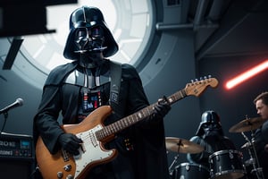 Darth Vader jaming with a band seeing entire band.
