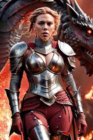 Photo real head to toe photo Scarlett Johansson as a knight in sexy revealing armor battling a dragon breathing fire with blood all over her armor.
,photo r3al