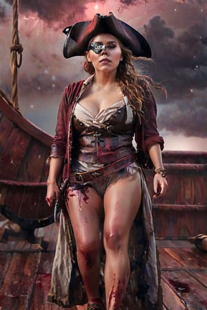 Hyper real photography/ head to toe dark photograph/ Elizabeth Olsen as pirate on a dark pirate ship at night/ walking the deck / storm clouds in the distance/ tri point hat holding a bloody sword / skimpy outfit showing cleavage eye patch / milkyway galaxy in sky /dark image / more pirates in background 