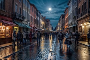 A street scene in ancient Rome at night 
