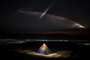 Pink Floyd in concert prism pyramid at night galaxy in sky

