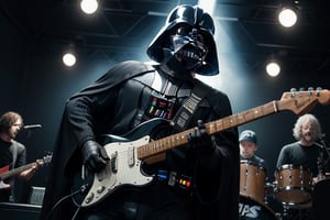 Darth Vader jaming with a band seeing entire band.
