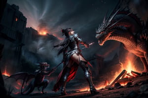Pretty Female Knight in torn sexy armor fighting a Dragon seen from a distance at dusk fire all around 
