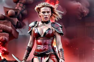 Hyper real photography/ Scarlett Johansson in sexy revealing bloody leather armor/ holding a bloody sword with both hands/ fighting a dragon/ at night in thick fog / walking across a battlefield fires in background.