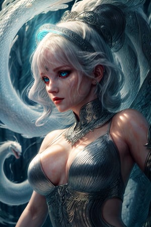 Portrait of White Snake Goddess, high-quality cell-shaded illustrations, dynamic pose, perfect anatomy, centered, freedom, soul, approach to perfection, cell shading, 4k, cinematic dramatic atmosphere, watercolor painting, global illumination, detailed and intricate environment, fluid and sharp focus, volumetric lighting, cinematic lighting,Detailedface, Detailedeyes