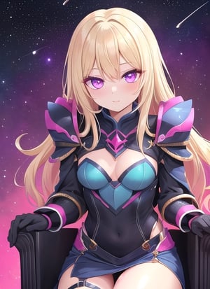 one beautiful woman sitting on a throne, blond_hair, magenta eyes, seductive expression, medium brest, black and magenta armor, cosmic horror landscape, cyan and magenta background