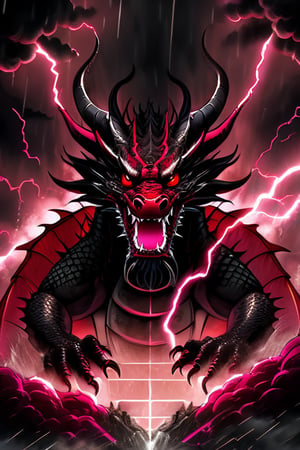 A black and red peng dragon is holding two swords on both hands in the middle of a thunderstorm. Its mouth is open with magenta lightning coming out of its mouth and it's staring at the viewer. The body it has is serpant like. Ultra Hd, masterpiece, intricate, hyper realistic,chinese ink drawing