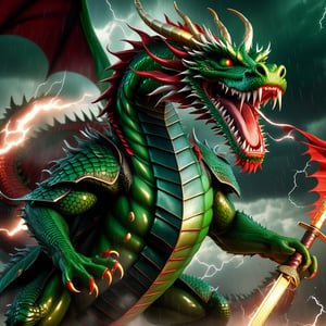 A green and red peng dragon is holding two swords on both hands as it flies in the middle of a thunderstorm. Its mouth is open with fire coming out of its mouth and it's staring at the viewer. The body it has is serpant like. Ultra Hd, masterpiece, intricate, hyper realistic