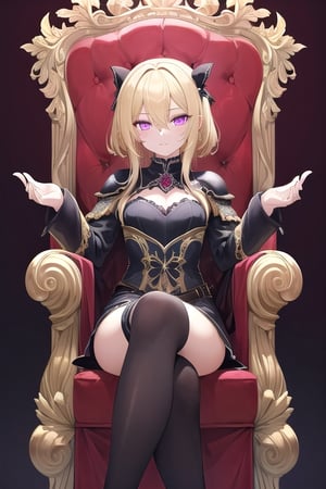 one beautiful woman sitting on a throne, blond_hair, magenta eyes, seductive expression, medium brest, black and magenta armor, gothic background