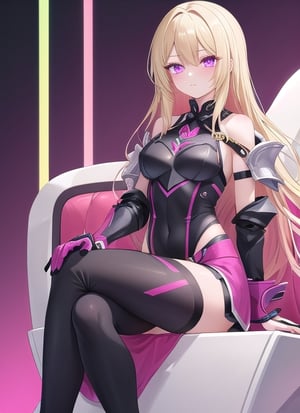 one beautiful woman sitting on a throne, blond_hair, magenta eyes, seductive expression, medium brest, black and magenta armor, neon labrotory, cyan and magenta background