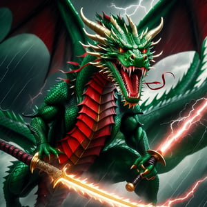 A green and red peng dragon is holding two swords on both hands as it flies in the middle of a thunderstorm. Its mouth is open with fire coming out of its mouth and it's staring at the viewer. The body it has is serpant like. Ultra Hd, masterpiece, intricate, hyper realistic