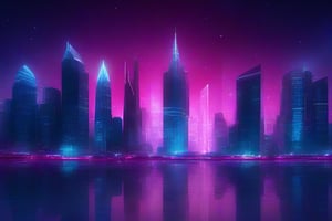 masterpiece, best quality, cityscape, crystal building hybrid, metropolis, cyan buildings, vivid, dark magenta background, high_tech, midnight, scarlet_stars, city lights, scenery,Leonardo Style,greg rutkowski