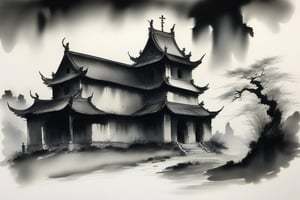 ultra hd, best quality, masterpiece, haunted church, no_humans,chinese ink drawing,ink scenery