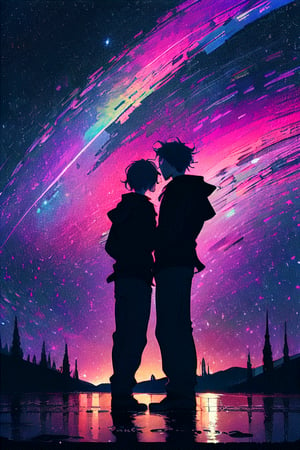 A couple gazes at the colorful cosmic sky at night