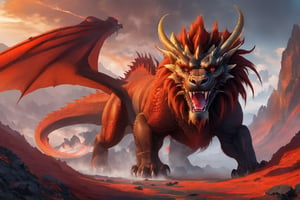 picture of a peng dragon and a manticore hybrid in a volcanic landscape