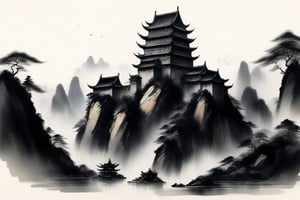 ultra hd, best quality, masterpiece, giant castle, no_humans,chinese ink drawing,ink scenery