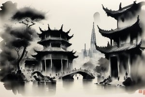 ultra hd, best quality, masterpiece, Barcelona, no_humans,chinese ink drawing,ink scenery