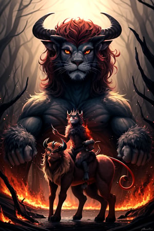 picture of a manticore and a minotaur hybrid starring at the viewer with its arms crossed in a burning forest