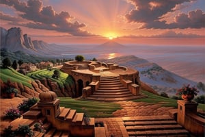 volcanic landscape, long staircase, masterpiece, sunset