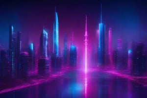 masterpiece, best quality, cityscape, crystal building hybrid, metropolis, cyan buildings, vivid, dark magenta background, high_tech, midnight, scarlet_stars, city lights, scenery,Leonardo Style,greg rutkowski