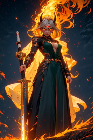 1girl, beautiful shedrn, horns, medium breast, white and green wings on the back,flames recording parts of his body, see-through dress, cleavage, glowing yellow eyes, white hair, braid, grey skin, facial mark, fantasy town outdoors, athletic, volumetric lighting, loli,child, best quality, masterpiece, realistic,midjourney,sword,mecha,fantasy_princess,r1ge