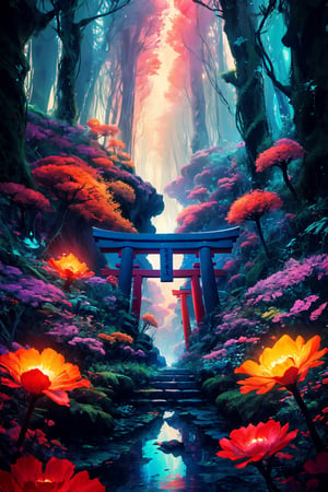 A captivating Japanese torii gate, standing tall amidst an enchanted bioluminescent forest that emanates ethereal beauty and a touch of magic. This mesmerizing scene is inspired by the unique style of Cathleen McAllister, blending elements of realism and fantasy. The torii gate is illuminated by the soft, enchanting glow of bioluminescent bugs, creating a wondrous and otherworldly atmosphere. The digital artwork is a testament to the artist's creativity and attention to detail, transporting viewers to a world of enchantment and awe. The color scheme features a mesmerizing array of luminescent hues, adding to the magical allure of the forest. Skillfully using digital art techniques, the artist brings the scene to life, evoking a sense of wonder and inviting viewers to immerse themselves in this enchanting realm.