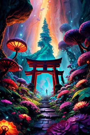 A captivating Japanese torii gate, standing tall amidst an enchanted bioluminescent forest that emanates ethereal beauty and a touch of magic. This mesmerizing scene is inspired by the unique style of Cathleen McAllister, blending elements of realism and fantasy. The torii gate is illuminated by the soft, enchanting glow of bioluminescent bugs, creating a wondrous and otherworldly atmosphere. The digital artwork is a testament to the artist's creativity and attention to detail, transporting viewers to a world of enchantment and awe. The color scheme features a mesmerizing array of luminescent hues, adding to the magical allure of the forest. Skillfully using digital art techniques, the artist brings the scene to life, evoking a sense of wonder and inviting viewers to immerse themselves in this enchanting realm.