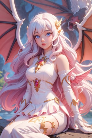 masterpiece, 1 girl, Extremely beautiful woman sitting at the edge of a lake with very large glowing dragon wings, glowing hair, long cascading hair, white hair, crimson dress with white skirt, dawn, full lips, hyperdetailed face, detailed eyes, dynamic pose, cinematic lighting, pastel colors, perfect hands, dragon girl, girl with dragon wings, dark fantasy