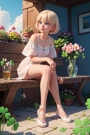 masterpiece, best quality, (ultra-detailed, 8k, uhd), (kawaii background:1.3), (extremely detailed, fine touch:1.3), (hard light, studio light, light rays, dappled light, reflection, shadows, ray tracing:1.0), pov, ((girl Russian, white blonde short hair, full body)), sky, cloud, flower, glass shoes, (clover, flowers:1.3), (sitting, legs apart:1.3)