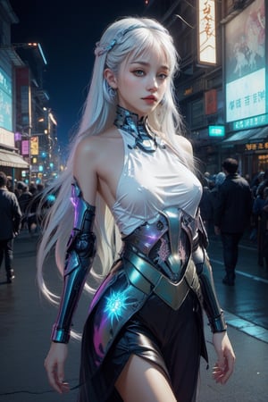 official art, unity 8k wallpaper, (ultra detailed), beautiful and aesthetic, beautiful, masterpiece, best quality, (1girl:1.3), (long hair, white hair:1.4), mature female, cyberpunk, mecha, sexy, iridescent eyes, starry sky, standing, futurecamisole,street, neon light,