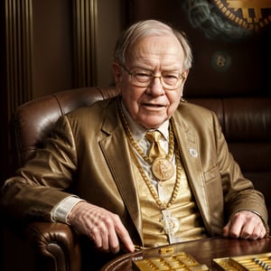 Warren Buffett sat in a leather chair, smoking a cigar, excited because his trade went up 20 percentage, (wearing a Bitcoin logo gold chain:1.4), good lighting, suit, tie, whiskey on a table, ash tray, hyper realistic, masterpiece, 