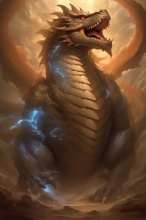 "Emerging from the depths of a multi-dimensional rift, this creature combines the very essence of the cosmos and the terrestrial. With the stature of a gigantic dragon that once merged with a white-eyed blue dragon, it has the body of a colossal T-Rex that blended with a mutated being, a celestial deity, and a courageous knight. Its wings, reminiscent of a massive wyvern combined with a fierce red dragon, span majestically, while its back is adorned with the regenerative spines of a colossal beast that was infused with an ancient, forbidden sorcerer.

This mighty creature's torso reminds onlookers of a colossal sea serpent, which, in a past life, combined forces with an abyssal behemoth, a mythical sea god, and a deep-sea warrior. The beast's limbs, powerful and swift, show the muscular features of a colossal land-living lizard which once intertwined its fate with an otherworldly collector, a voracious deity, and an aquatic monarch. The legs, meanwhile, resonate with the might of a giant wolf, a deity of lightning, fused with a dark magician, further combined with Zeus and an ogre.

Its tail, long and serpentine, mirrors that of a monstrous sand-dwelling creature that once amalgamated with a galactic worm, an electric god, and a magical sentinel. The creature's head, a thing of both beauty and terror, combines features of the behemoth T-Rex, the mystical knight, and the lightning deity, culminating in three pairs of eyes: one set burning with the fire of the red dragon, another shimmering with the depth of the abyss, and the last sparking with electric fury.

In 4K resolution, every scale, every feather, every strand of fur, and every rune on this creature would gleam with pristine clarity, radiating an aura of power, majesty, mystery, and an overwhelming presence that commands respect from all beings across dimensions."