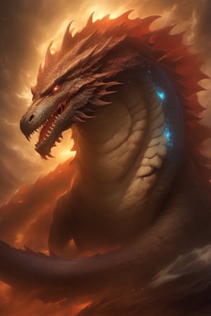 "Emerging from the depths of a multi-dimensional rift, this creature combines the very essence of the cosmos and the terrestrial. With the stature of a gigantic dragon that once merged with a white-eyed blue dragon, it has the body of a colossal T-Rex that blended with a mutated being, a celestial deity, and a courageous knight. Its wings, reminiscent of a massive wyvern combined with a fierce red dragon, span majestically, while its back is adorned with the regenerative spines of a colossal beast that was infused with an ancient, forbidden sorcerer.

This mighty creature's torso reminds onlookers of a colossal sea serpent, which, in a past life, combined forces with an abyssal behemoth, a mythical sea god, and a deep-sea warrior. The beast's limbs, powerful and swift, show the muscular features of a colossal land-living lizard which once intertwined its fate with an otherworldly collector, a voracious deity, and an aquatic monarch. The legs, meanwhile, resonate with the might of a giant wolf, a deity of lightning, fused with a dark magician, further combined with Zeus and an ogre.

Its tail, long and serpentine, mirrors that of a monstrous sand-dwelling creature that once amalgamated with a galactic worm, an electric god, and a magical sentinel. The creature's head, a thing of both beauty and terror, combines features of the behemoth T-Rex, the mystical knight, and the lightning deity, culminating in three pairs of eyes: one set burning with the fire of the red dragon, another shimmering with the depth of the abyss, and the last sparking with electric fury.

In 4K resolution, every scale, every feather, every strand of fur, and every rune on this creature would gleam with pristine clarity, radiating an aura of power, majesty, mystery, and an overwhelming presence that commands respect from all beings across dimensions."