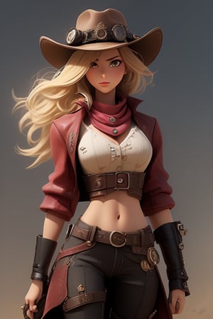 Female character with a cowgirl theme,Incorporate elements of steampunk style into her outfit and accessories,She should have blonde hair,Create various poses that highlight her as a gunslinger,Her facial expression should be charismatic, exuding confidence as if she could conquer any challenge or opponent,Ensure she has a well-toned physique,The design should have distinct Japanese anime-inspired features.