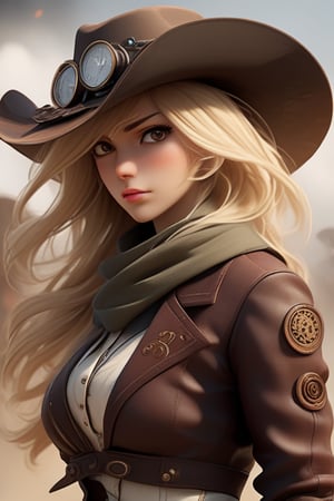 Female character with a cowgirl theme,Incorporate elements of steampunk style into her outfit and accessories,She should have blonde hair,Create various poses that highlight her as a gunslinger,Her facial expression should be charismatic, exuding confidence as if she could conquer any challenge or opponent,Ensure she has a well-toned physique,The design should have distinct Japanese anime-inspired features.