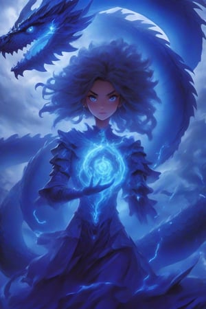 "Using the provided photo as a foundation, create a detailed illustration that encapsulates a girl with traits of multiple realms and legends. Her stature should hint at an otherworldly presence, with skin that has a faint metallic sheen. Her hair should flow with shades of sapphire and midnight blue, reminiscent of red and Blue-Eyed White Dragons. Concealed wings on her back should appear like intricate tattoos that can become tangible. Her eyes must gleam in electric blue, reflecting the storms of a lightning deity and the depth of an age-old spellcaster. Hands should bear the subtle strength of oceanic and magical forces. Finally, around her neck, a pendant should rest, pulsing softly with the essence of legends. This design should maintain the softness and emotion of the human face, echoing the details reminiscent of the mighty Megazords, and while drawing, emphasize high-definition precision on her eyes and face