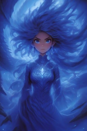 "Using the provided photo as a foundation, create a detailed illustration that encapsulates a girl with traits of multiple realms and legends. Her stature should hint at an otherworldly presence, with skin that has a faint metallic sheen. Her hair should flow with shades of sapphire and midnight blue, reminiscent of red and Blue-Eyed White Dragons. Concealed wings on her back should appear like intricate tattoos that can become tangible. Her eyes must gleam in electric blue, reflecting the storms of a lightning deity and the depth of an age-old spellcaster. Hands should bear the subtle strength of oceanic and magical forces. Finally, around her neck, a pendant should rest, pulsing softly with the essence of legends. This design should maintain the softness and emotion of the human face, echoing the details reminiscent of the mighty Megazords, and while drawing, emphasize high-definition precision on her eyes and face