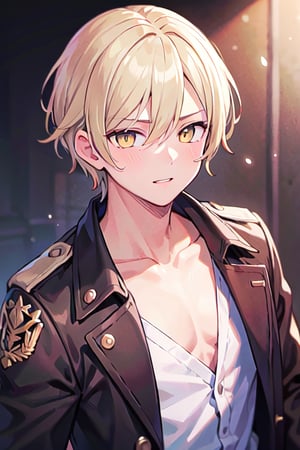 (masterpiece), best quality, high resolution, highly detailed, detailed background, perfect lighting, 1boy, madure male, short hair, parted lips, slight smile, blonde hair, mullet, medium length center parting, yellow eyes, black trench coat, clavicle, sexy, summer,