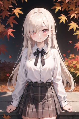(masterpiece), best quality, high resolution, highly detailed, detailed background, perfect lighting, 1girl, hair over one eye, platinum blonde, long hair, light red eyes, medium breasts, plaid skirt, blouse, autumn,