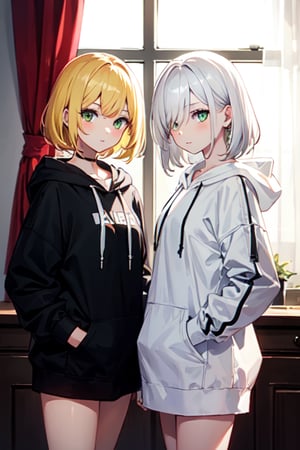 (masterpiece), best quality, high resolution, highly detailed, detailed background, perfect lighting, (2girls:1.4), BREAK, 1st girl, white hair, green eyes, white hair over one eye, long white hair, white hoodie, green eyes 1st girl, BREAK, 2nd girl, blonde hair, curtains, yellow eyes, long blonde hair, forehead view, dark grey hoodie, yellow eyes 2nd girl,