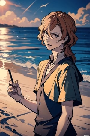 (masterpiece artwork amazing artwork illustrated), (extremely detailed 8k CG unit wallpaper), best quality, high resolution, highly detailed, detailed background, perfect lighting, upper body, solo, male focus, 1boy, deadpan, beach, summer clothes, Chuuya Nakahara