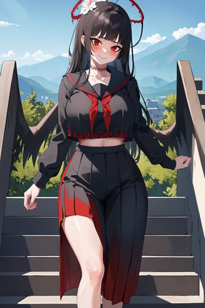 (masterpiece, best quality:1.4), (absurdres:1.4), (detailed skin:1.3), (intricate details:1.3),  (8k, ultra detailed:1.3), tsurugidef, large_breasts, wide hips, smile, blush, outdoors, day, simple background, blue sky, sky, temple, looking at viewer, stairs, mountain, moody lighting, facing viewer, 